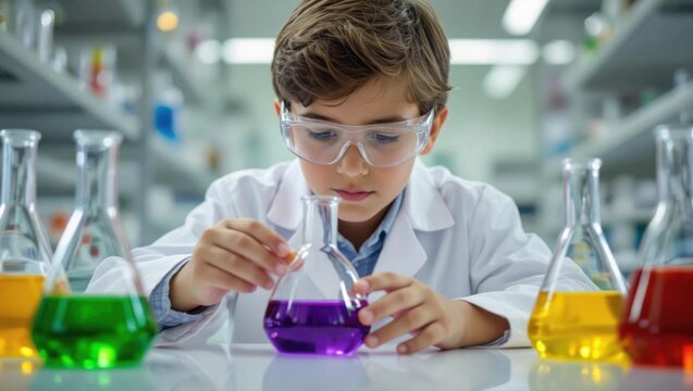 Young boy in lab coat and safety goggles carefully conducts a colorful science experiment with beakers in a laboratory setting