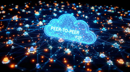 Network visualization with nodes connected by lines, and a digital cloud center