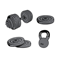simple vector of exercise equipment dumbbells, weight plates and muscle training tools