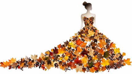 Woman Autumn Fashion Dress of Fall Leaves and berries on White, Creative Beauty, art