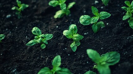 Young basil plants sprouting from dark soil in a garden bed.