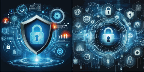 Cybersecurity concept with digital lock and data shield icons