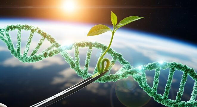 A green plant growing from a DNA strand, set against a blurred Earth backdrop.
