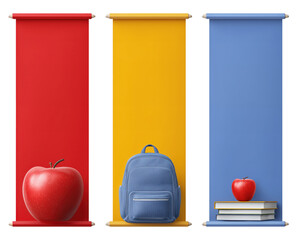 Colorful vertical school banners in red, yellow and blue with apple, backpack and books, isolated on transparent background