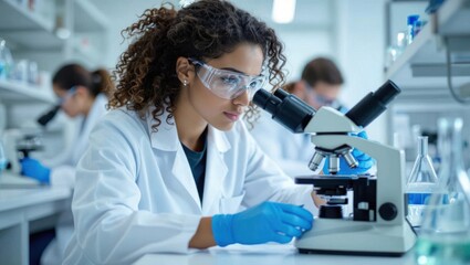 Focused female scientist wearing protective eyewear and gloves meticulously examines a sample under a microscope in a modern laboratory setting