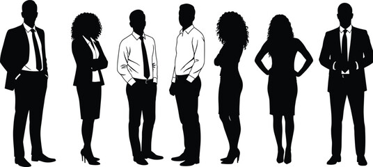 Obraz premium Business professionals silhouette in formal attire, corporate team illustration, black vector people, standing pose, office fashion, group concept