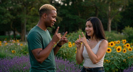 Deaf couple communicating in sign language in a flower garden  