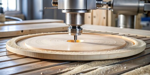 CNC machine with rotating bit cuts a precise circle on a wooden board with visible grain, precision cutting, circle cutting