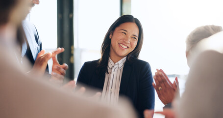 Happy, applause and business people in office with support for good news or job promotion....