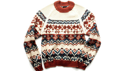Warm alpaca sweater featuring a vibrant tribal pattern, isolated on white. Perfect for cozy, stylish winter fashion.