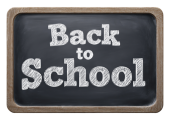 Traditional black chalkboard with "Back to School" text written in white chalk isolated on transparent background