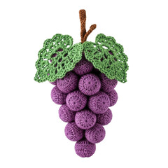 A charming handmade crocheted purple grape bunch featuring detailed green leaves and a brown stem, perfect for craft projects or decorative use.