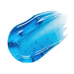 A vibrant blue translucent gel smear with small bubbles, showcasing a glossy cosmetic or skincare product texture for beauty and hygiene concepts.