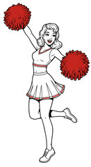 Illustration of Cheerful Woman Cheerleader with Pom-poms Cartoon Style