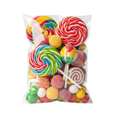 A vibrant mix of lollipops, gummy candies, and various sweets are packed inside a transparent plastic bag, perfect for celebrations, gifts, or a sugary snack.