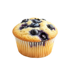 Delicious golden baked blueberry muffin with fresh berries on top isolated on transparent background