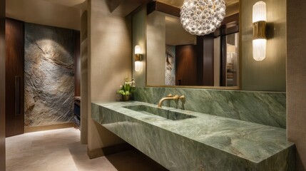 Luxurious powder room with jade green marble vanity brushed brass fixtures and a spherical crystal chandelier jade and