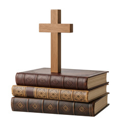 A wooden christian cross rests on a stack of three old, richly decorated books, likely bibles, representing spirituality, history, and knowledge.