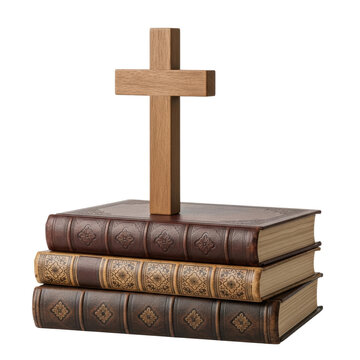 A wooden christian cross rests on a stack of three old, richly decorated books, likely bibles, representing spirituality, history, and knowledge.