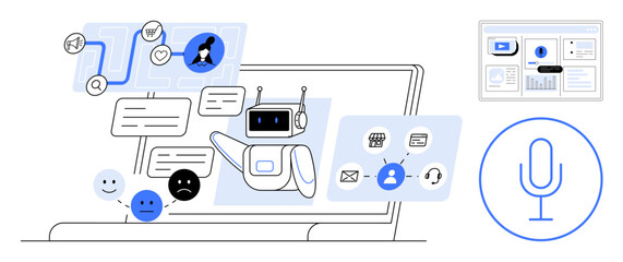 Chatbot with speech bubbles, user emotions, workflow icons on laptop. Ideal for AI, technology, communication, customer service, automation data analysis user interaction. Simple flat metaphor