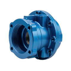 A precision machined blue metal housing component, possibly for fluid or gas systems, featuring threaded openings and bolt holes.