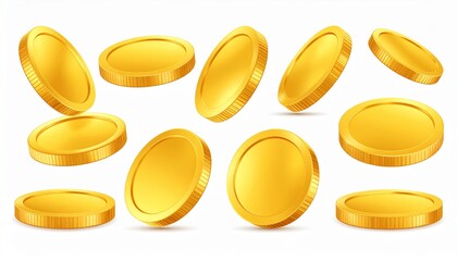 3D set realistic golden coins with different angles. Symbol of gold and wealth. 