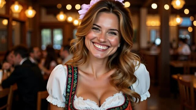 A cheerful mature woman in Bavarian costume playfully straightens her hair at the lively Oktoberfest music festival, flashing a white-toothed smile in stunning 4k.