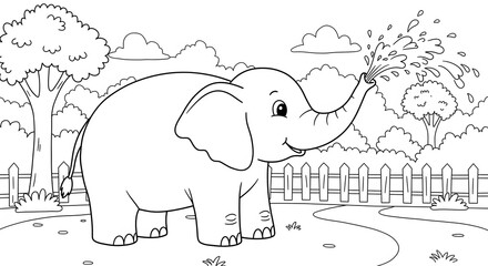 Happy elephant playfully spraying water in a park-like setting.