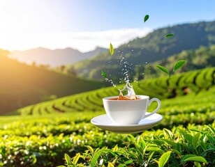 Fresh Tea Splash in Nature with Lush Green Tea Plantation Background