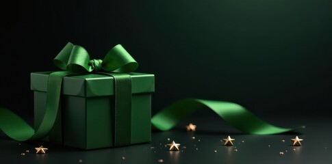 Elegant gift box, green ribbon, gold stars, black background, holiday, festive