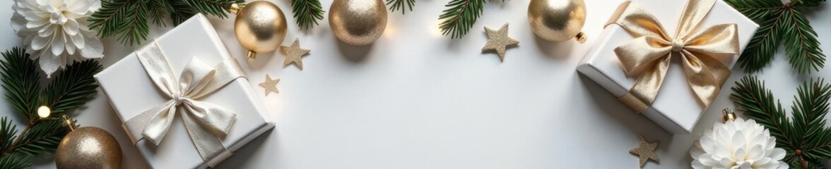 Elegant silver & gold Christmas gifts & ornaments flatlay Ample copy space , christmas, holiday season