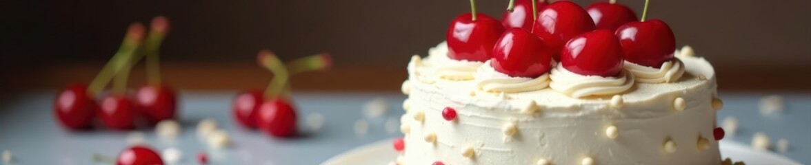 Elegant white Lambeth style birthday cake, red cherries ,  anniversary,  sugar