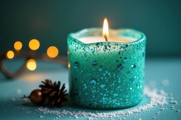 Elegant turquoise glitter Christmas candle Perfect for holiday season , candle, interior