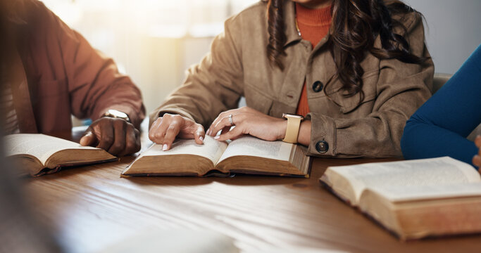 Hands, reading and group for Bible study, worship or people learning gospel for religion. Faith, Christianity and knowledge about God, scripture or theology text for guidance with spiritual growth