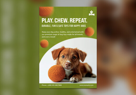 Editable Dog Toy Advertisement Flyer &ndash; Green Theme with Chew Ball and Puppy for PSD Promotion