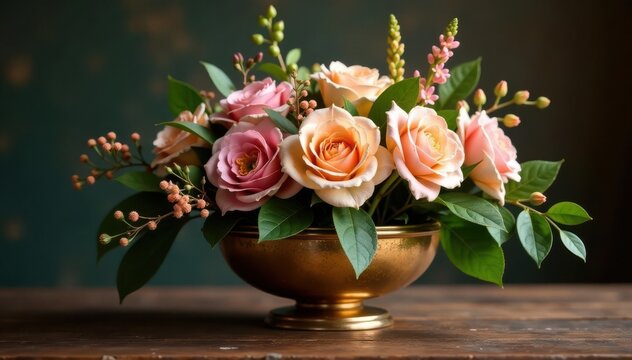 Elegant centerpiece, gold accents, lush florals, ambiance, tableware - Powered by Adobe