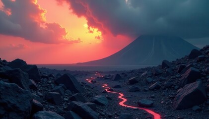 Jagged rocks, volcanic ash; ashen sky, ominous clouds , hellfire, desert, ominous