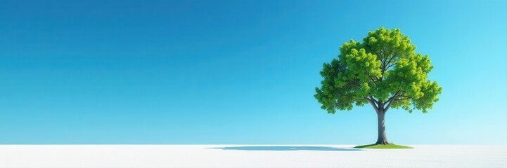 Lone green tree, vibrant blue sky, pristine white ground, majestic, ecology