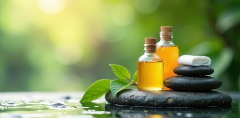 Luxurious organic spa products on natural stone , eco, aromatherapy