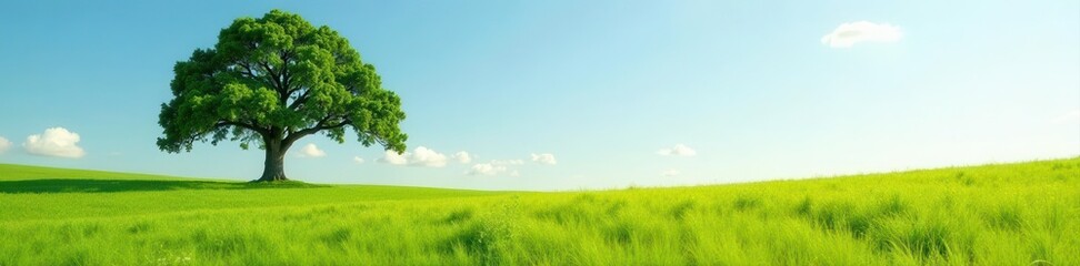 Lone oak tree in vibrant green meadow, sunlit , solitary, oak, green