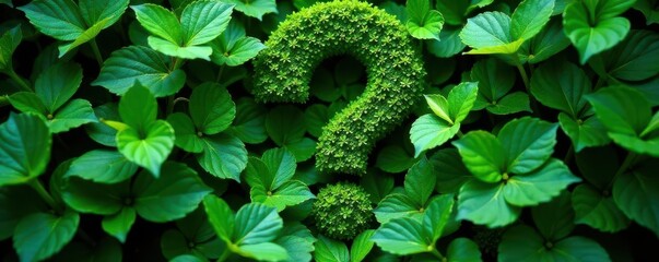 Overgrown question mark, vibrant green foliage obscures symbol, green, environment