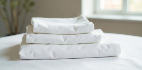 Perfectly folded, pristine white sheets, blurred laundry backdrop, bedding set, bedding, crisp