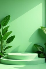 Pastel green backdrop, stone podium, lush plants Ideal for cosmetics ads , texture, spring