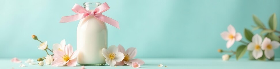 Pastel milk bottle with ribbon & floral accents, rattle, summer, arrival