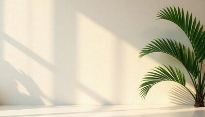 Palm shadow on textured plaster wall, minimal summer aesthetic product display , beige, platform, studio