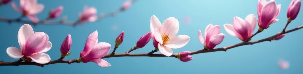 Fototapeta premium Pink magnolia blossoms on twig, blue background , image, delicate