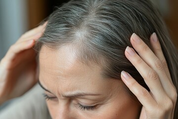 Hair loss issue: Asian woman inspecting her scalp, concerned about balding, Generative AI