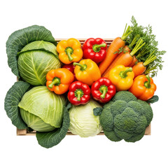 A vibrant selection of colorful, healthy vegetables like bell peppers, cabbage, carrots, and broccoli, presented in a rustic wooden crate, perfect for healthy eating concepts.
