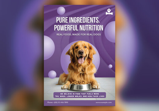 Editable Premium Dog Food Flyer Template &ndash; Purple Theme with Golden Retriever and Silver Bowl for High-Quality Pet Nutrition Ad