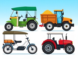Transportation 3d vector icon set. Bicycle, scooter, car, van, combine, truck, bus